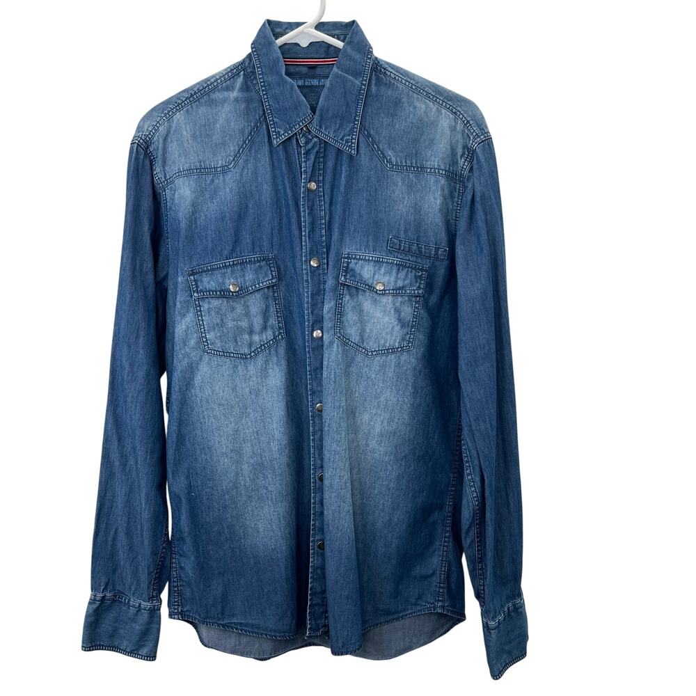 Navyboot Denim Shirt M Men Chambray Blue Snap Front Long Sleeve Pockets Rodeo